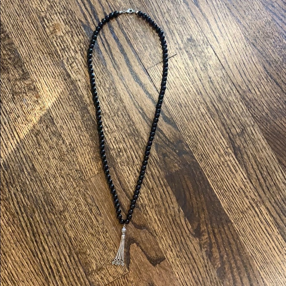 Black Beaded Necklace with Silver Tassel